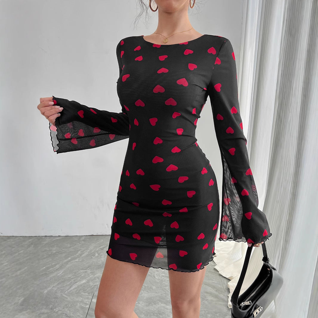 Spring Summer Ladies Heart Printing Bell Sleeve Backless Mesh Dress