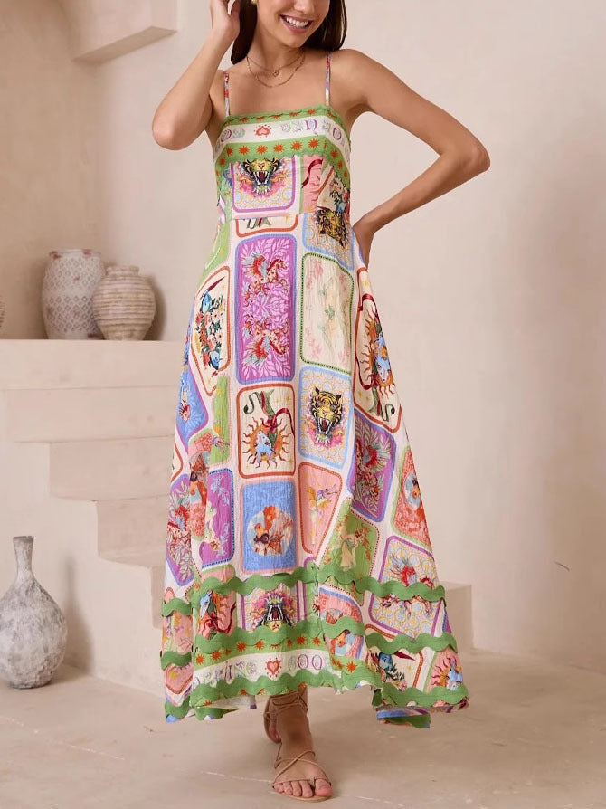 Patchwork Print Spaghetti Strap Scallop Trim Maxi Dress