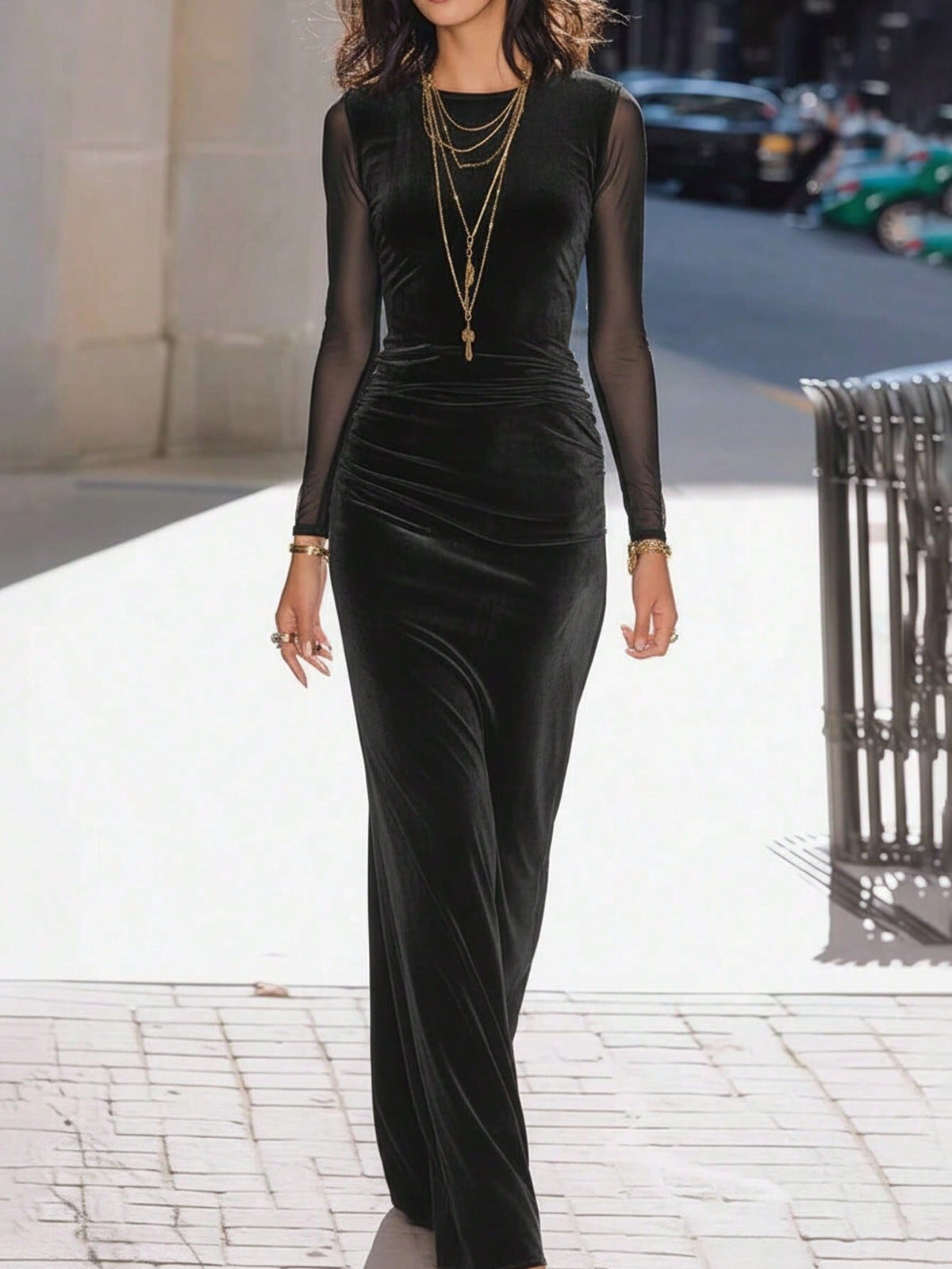 Velvet Sheer Mesh Long Sleeve Ruched Waist Bodycon Maxi Dress 2