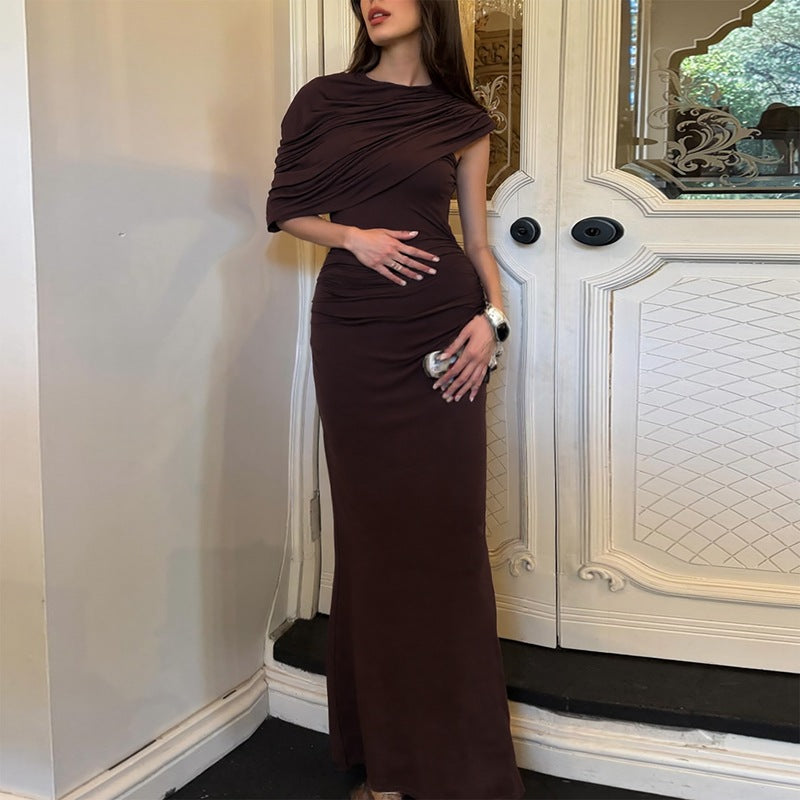Draped One Shoulder Cape Ruched Waist Bodycon Maxi Dress