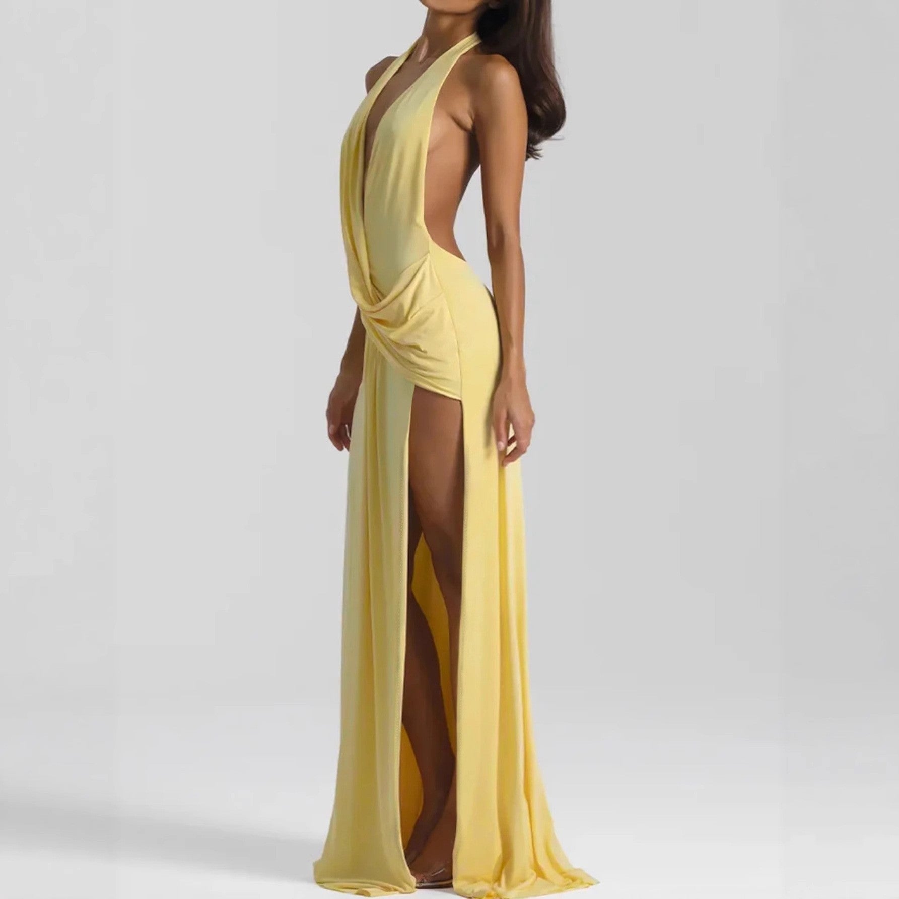 Deep V Plunge neck Lace up Backless Streamers Maxi Dress - View 2