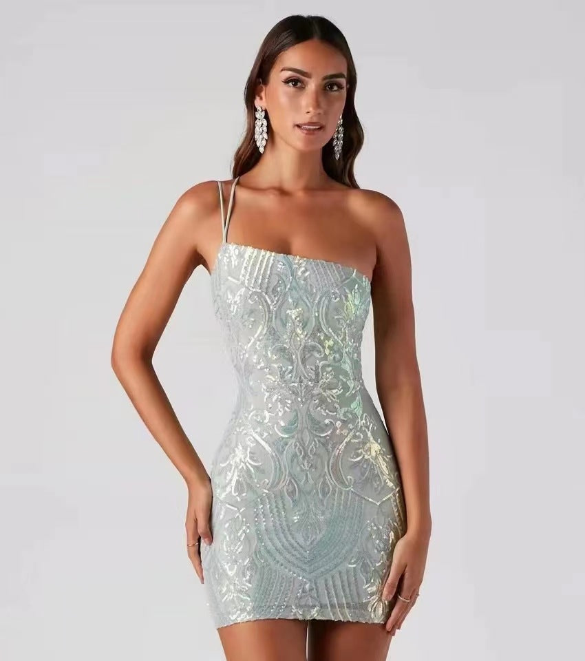 Sequin Scroll One Shoulder Spaghetti Strap Bodycon Mini Dress