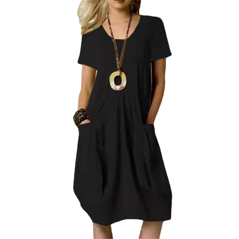 V-Neck Short Sleeve Pocket Loose Cocoon Midi Dress 5