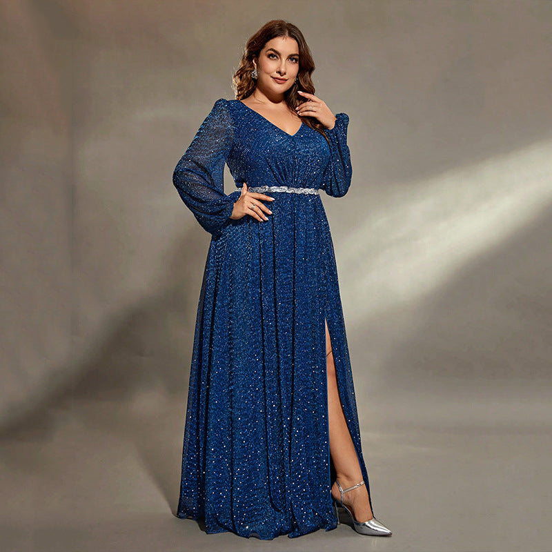 Glitter Bishop Sleeve V-Neck Rhinestone Belt High Split Pleated Maxi Gown