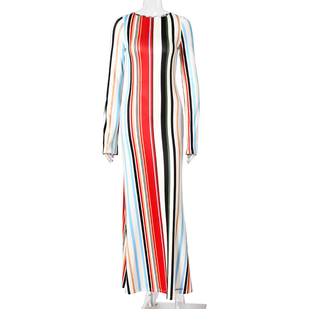 Multi Stripe Crew Neck Long Sleeve Bodycon Mermaid Maxi Dress 5