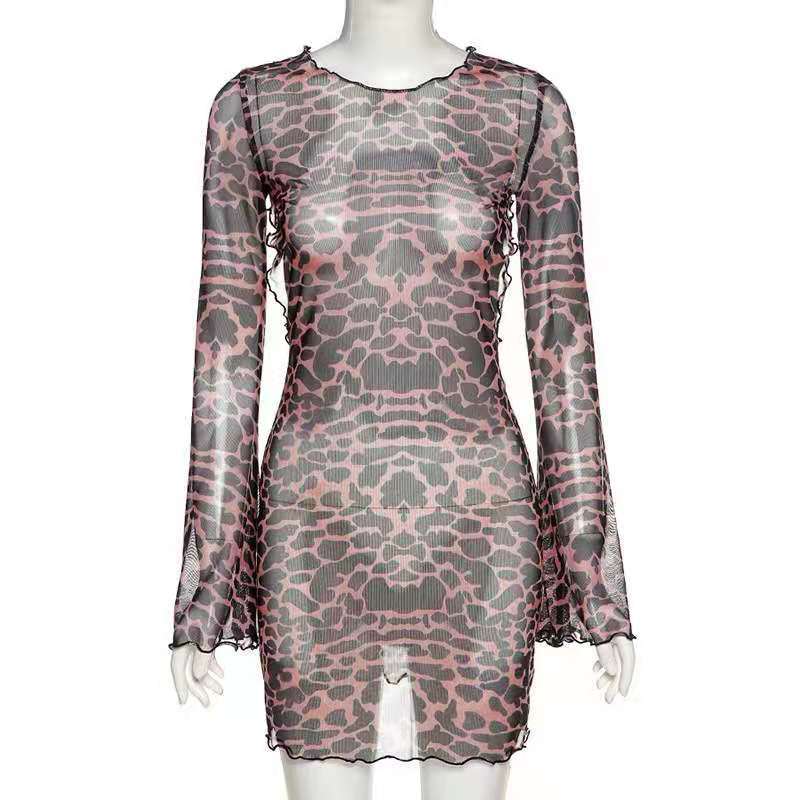 Leopard Print Sheer Mesh Long Sleeve Backless Tie Back Mini Dress 2
