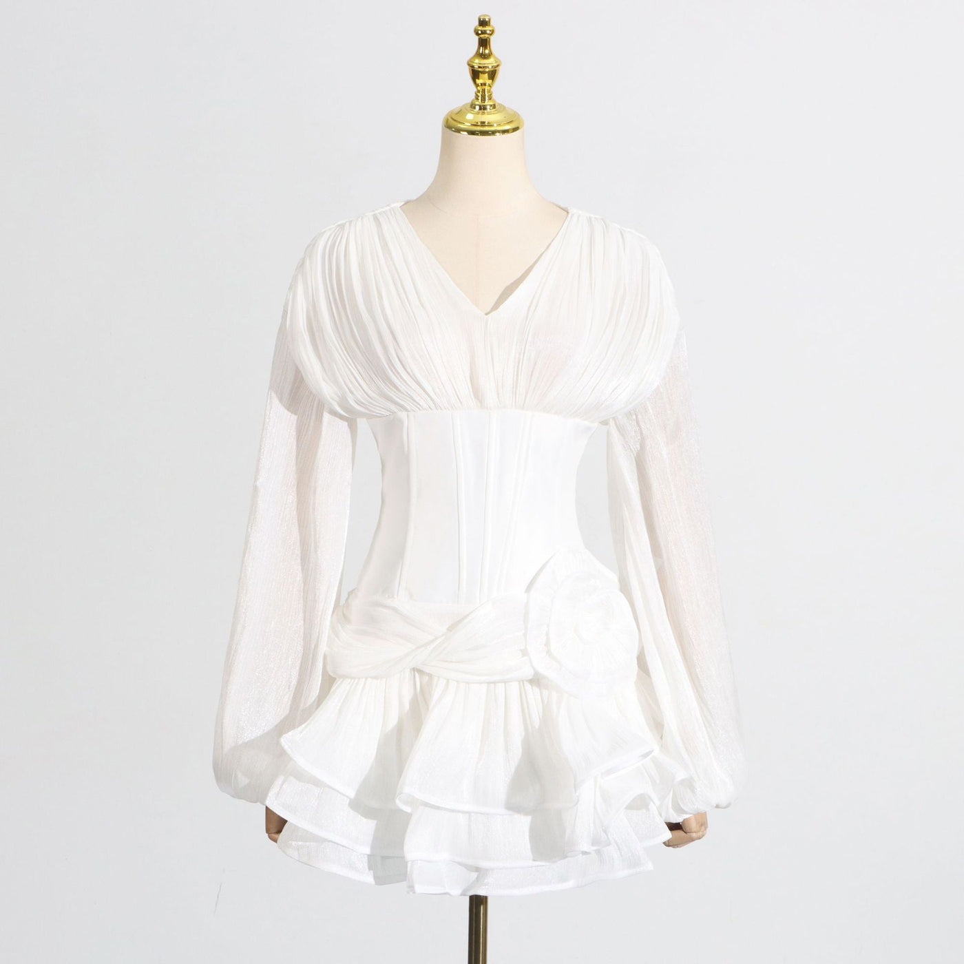 Chiffon Long Sleeve V-Neck Corset Tiered Mini Dress 2