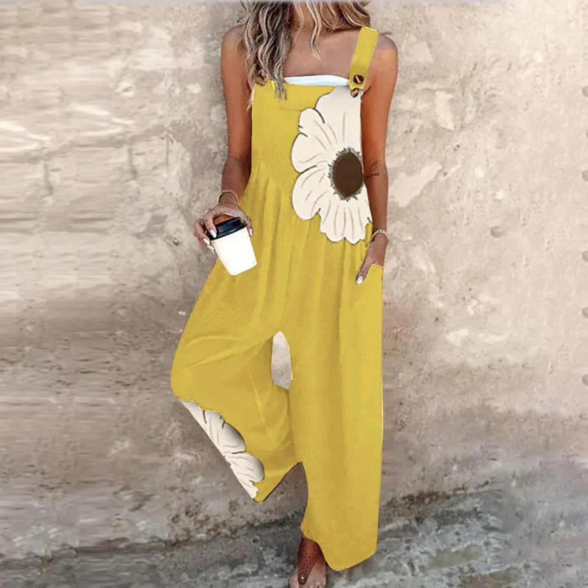 Floral Print Buckle Strap Wide Leg Overall Jumpsuit