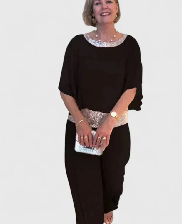 Sequin Trim Chiffon Overlay Top and Pants Two Piece Set 8