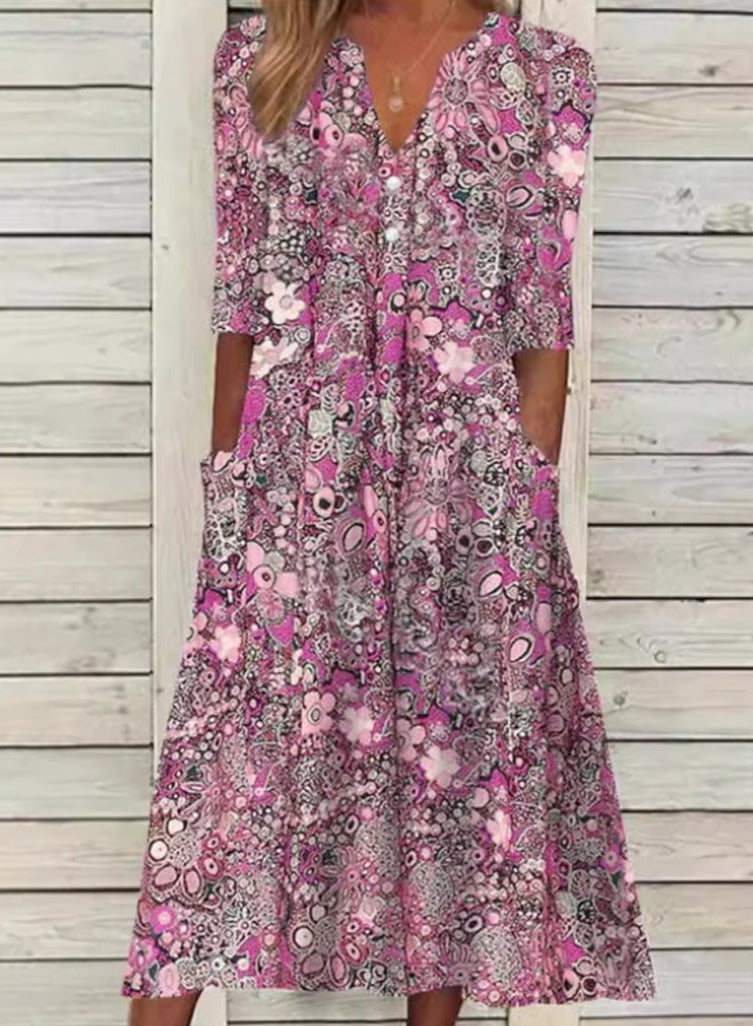 Bohemian Floral Print Deep V-Neck Button Placket Pocket Flowy A-Line Midi Summer Dress