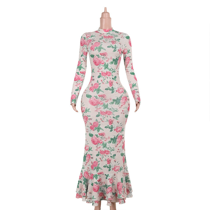 Floral Print Mock Neck Long Sleeve Bodycon Ruffle Hem Maxi Dress 5