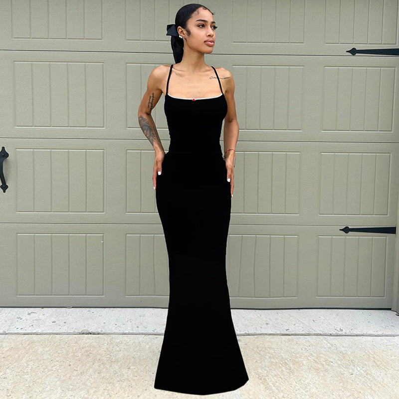 Spaghetti Strap Square Neck Bow Detail Mermaid Hem Maxi Dress