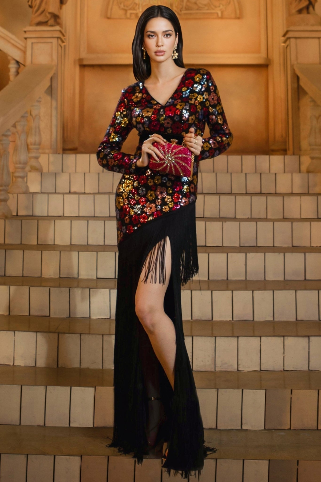 Faelan V-Neck Fringe Sequin Maxi Dress - View 2