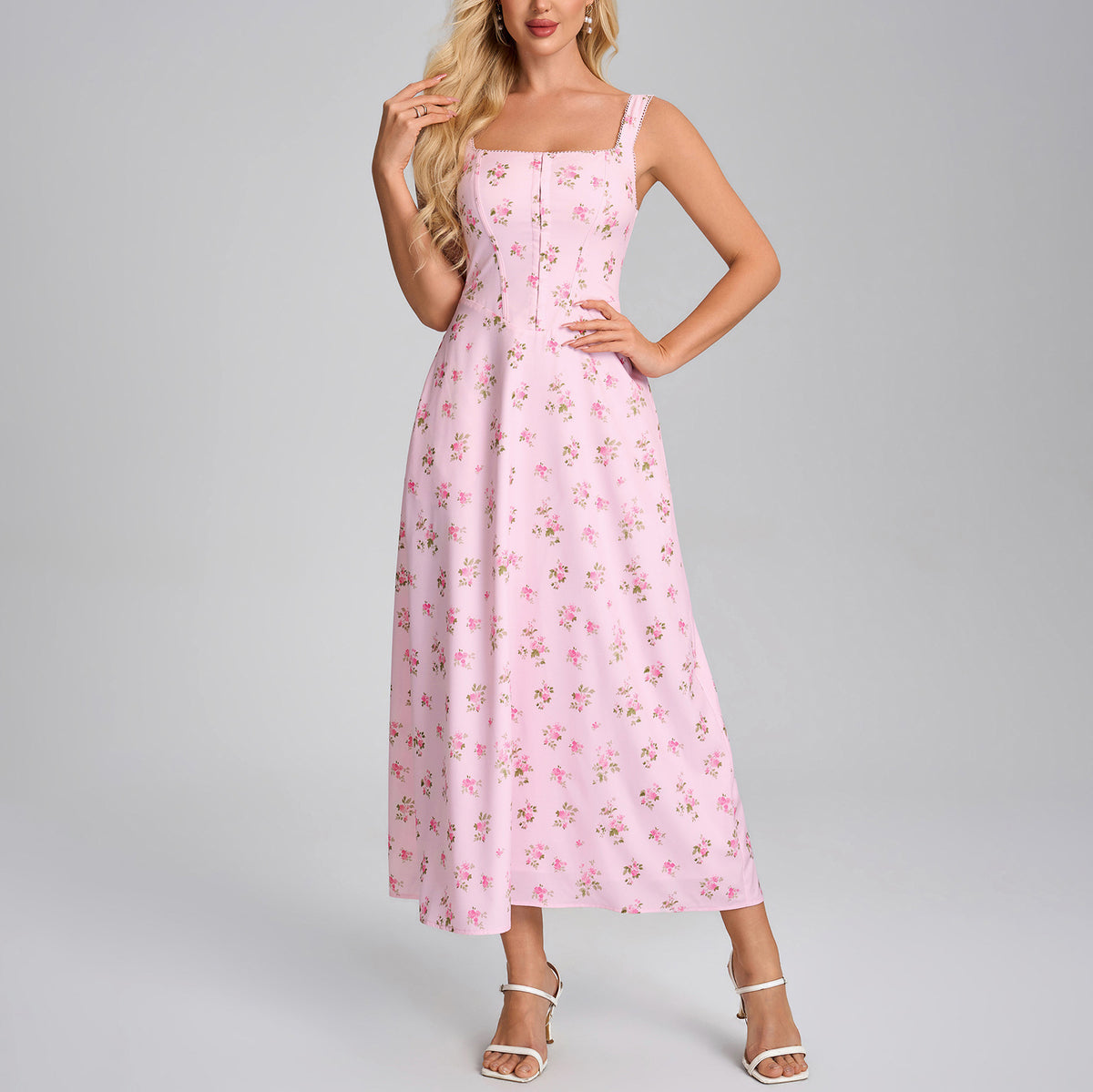 Ditsy Floral Square Neck Sleeveless A-Line Maxi Dress with Pockets 3