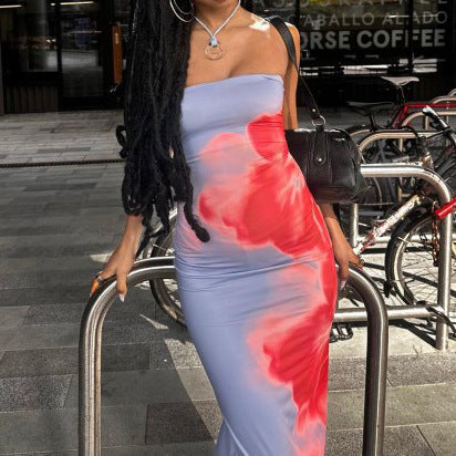 Strapless Floral Print Bodycon High Split Maxi Dress