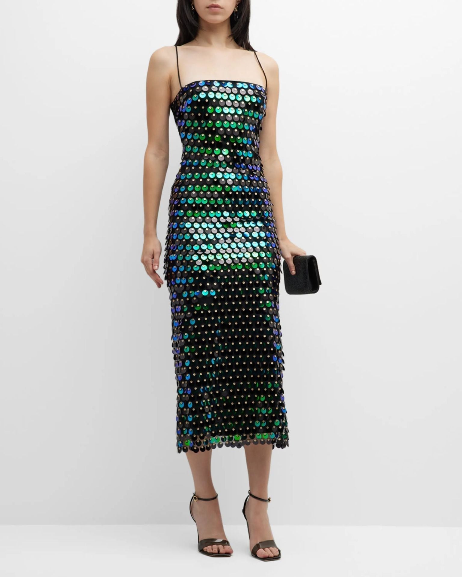 Disc Sequin Spaghetti Strap Square Neck Bodycon Mini Dress