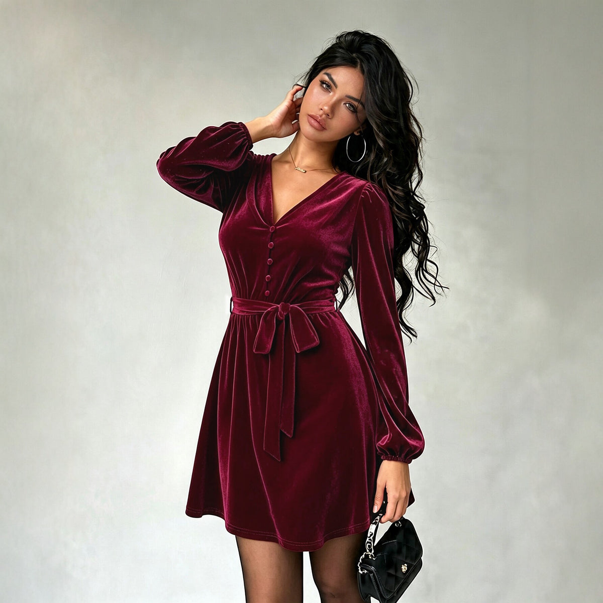 Women Clothing V neck Velvet Dress Women Lace up Waist Controlled Slimming Puff Sleeve A line Dress