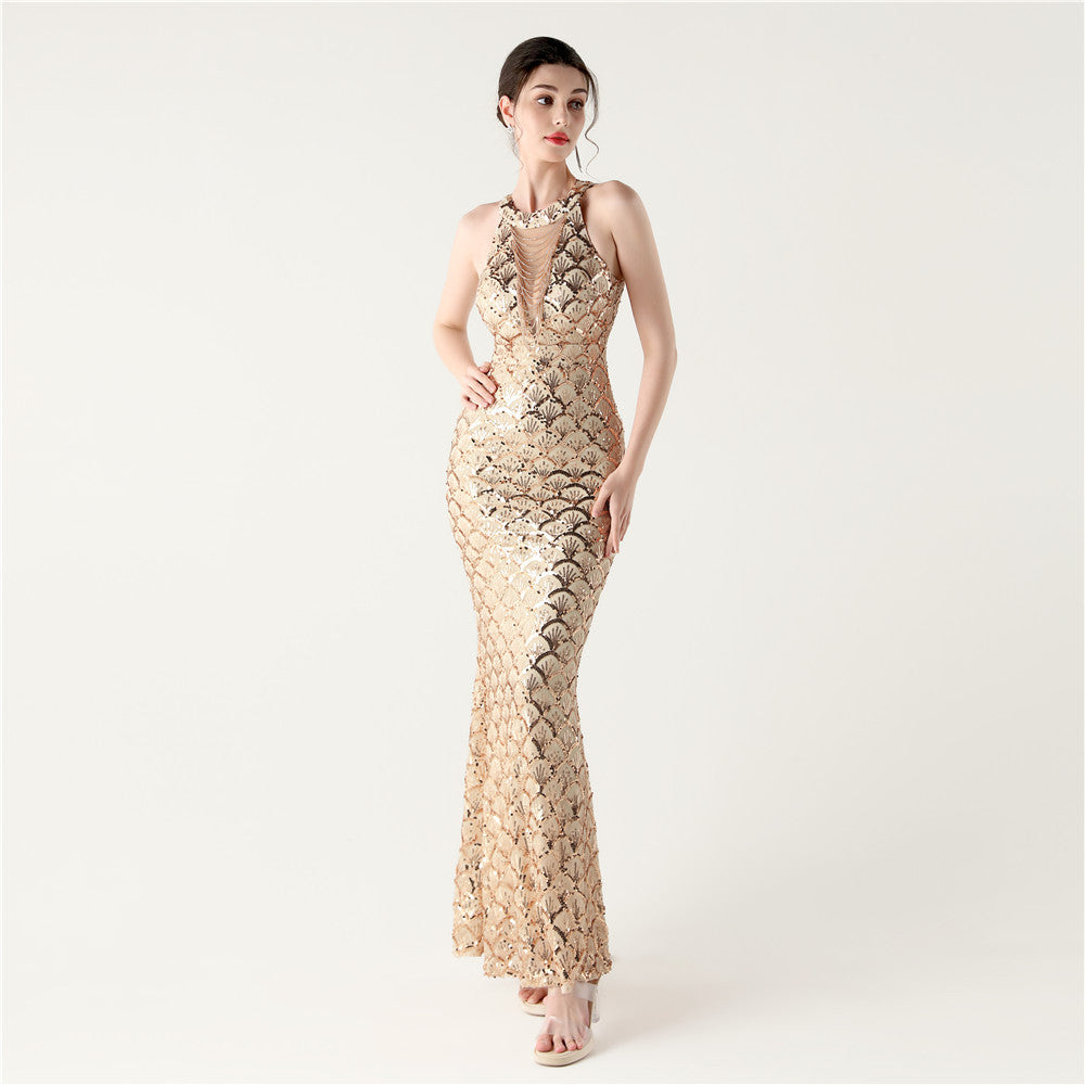 Sequin Halter Neck Backless Mermaid Maxi Evening Gown