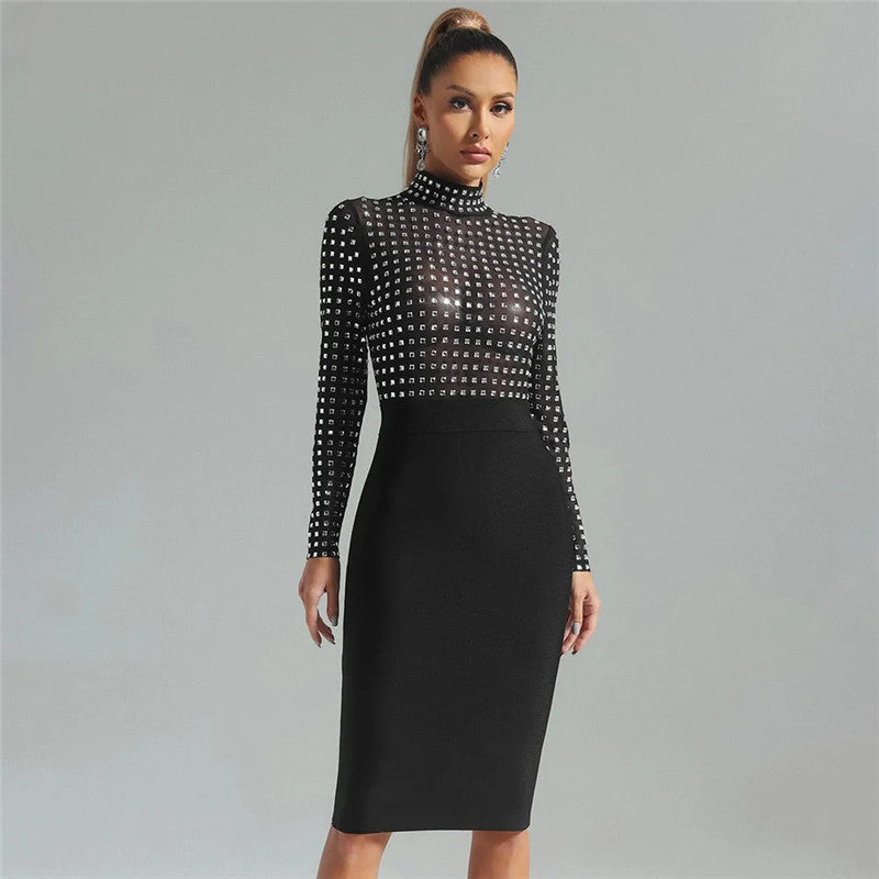 Rhinestone Mesh Mock Neck Long Sleeve Bandage Pencil Midi Dress