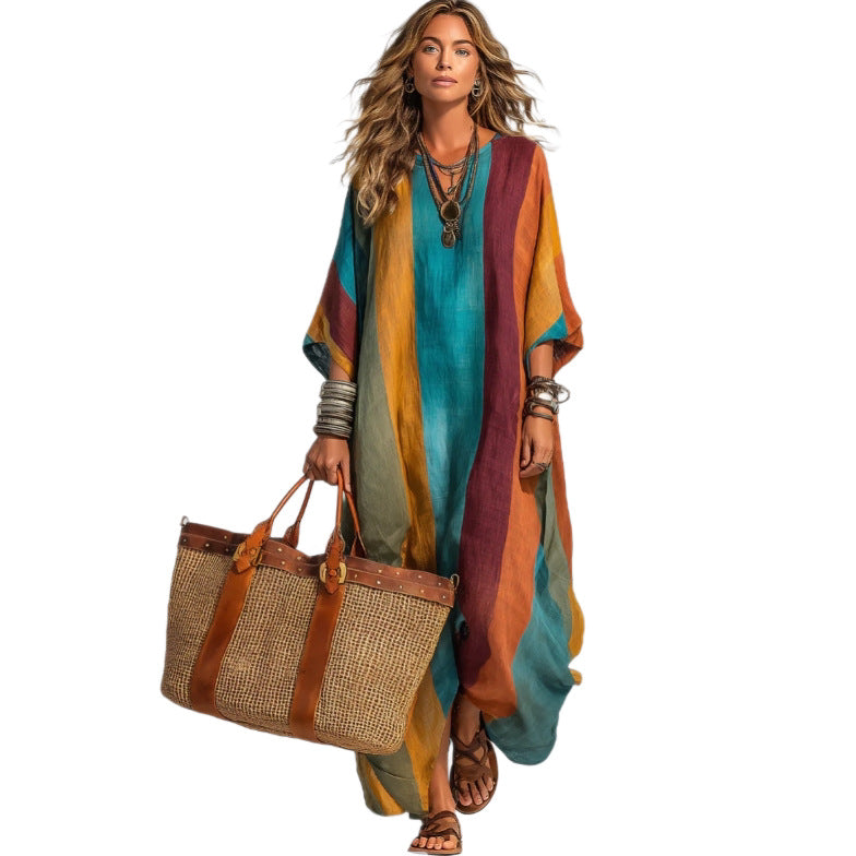 Boho Vertical Stripe Linen-Look Round Neck Batwing Sleeve Kaftan Maxi Dress 4