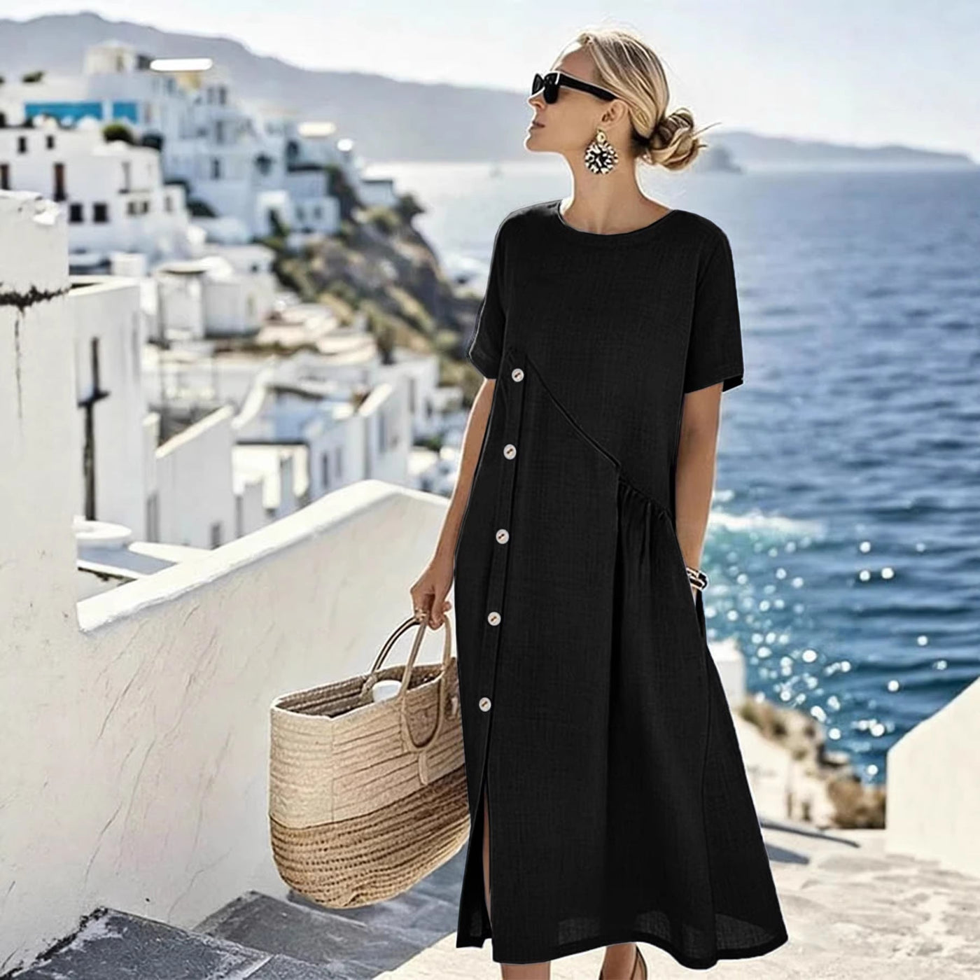 Crew Neck Short Sleeve Side Button Linen Midi Dress Summer 2