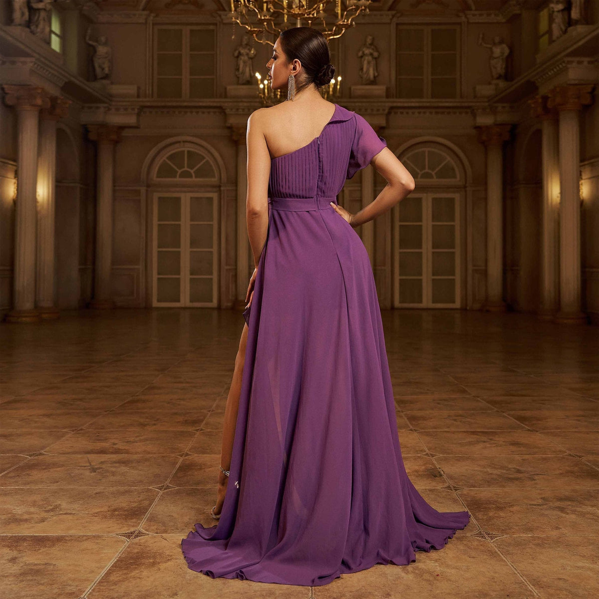 Chamfer Neck Chiffon Lace Midi Dinner Dress - View 4