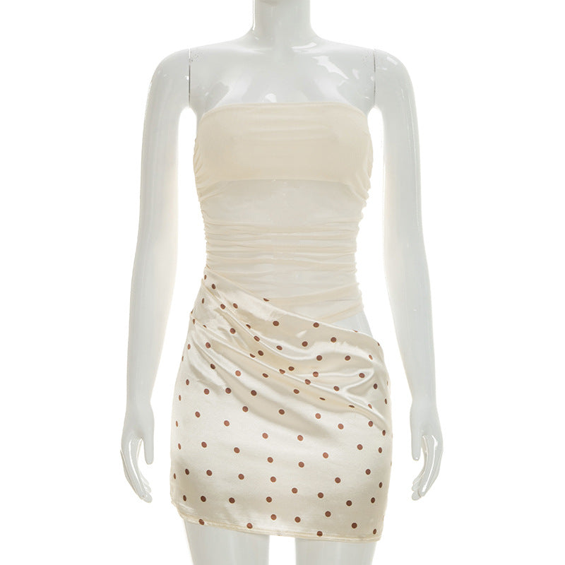 Strapless Ruched Sheer Mesh Bodice Polka Dot Satin Draped Mini Dress 5