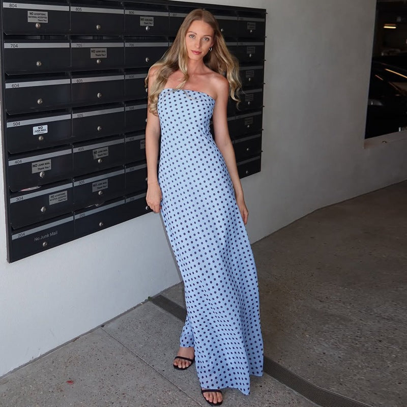 Women Clothing Summer Polka Dot Print Sleeveless Sexy Tube Top Cinched Waist Slimming Dress