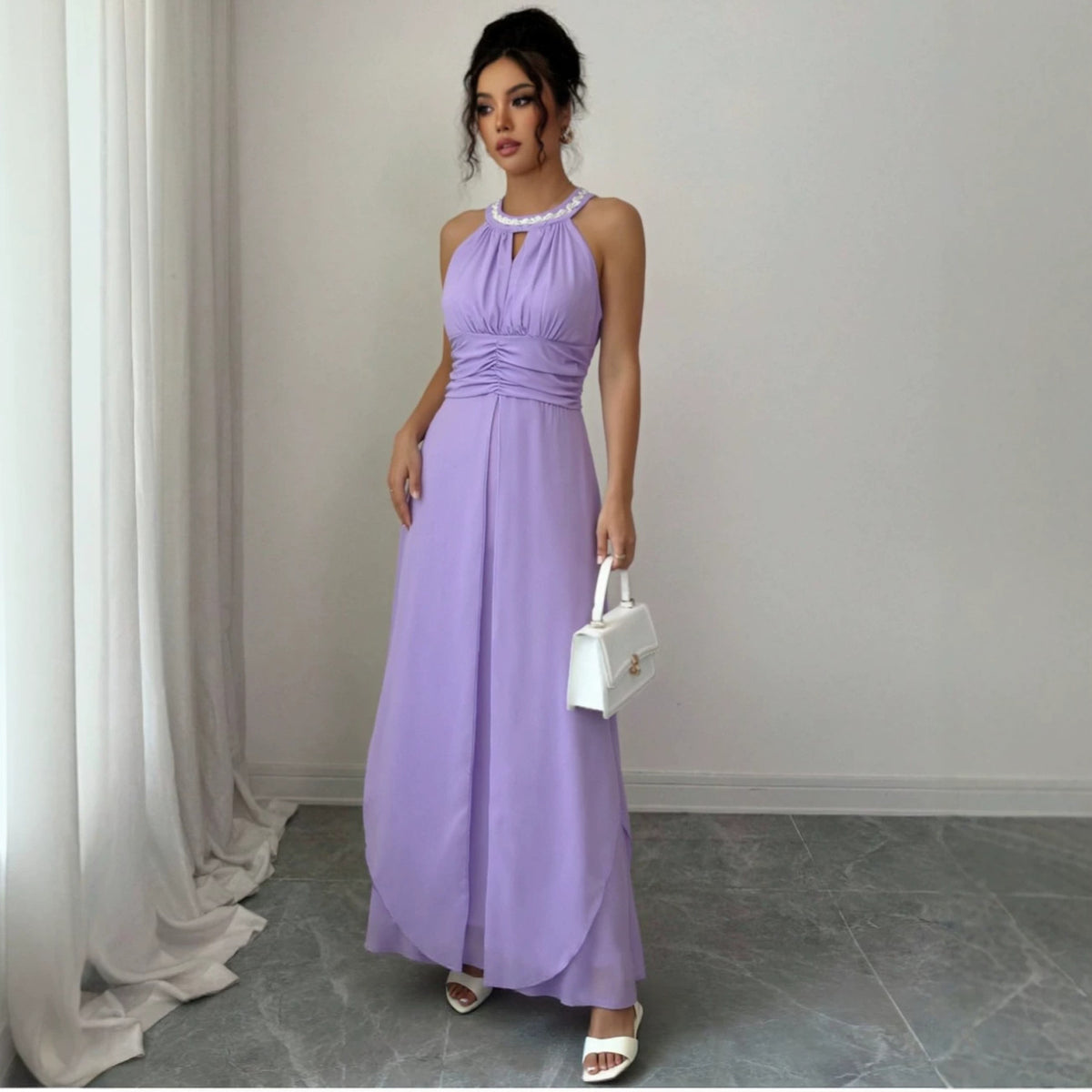 Popular Version Halter Beaded Swing Strapless Sexy Dress Chiffon Formal Dress