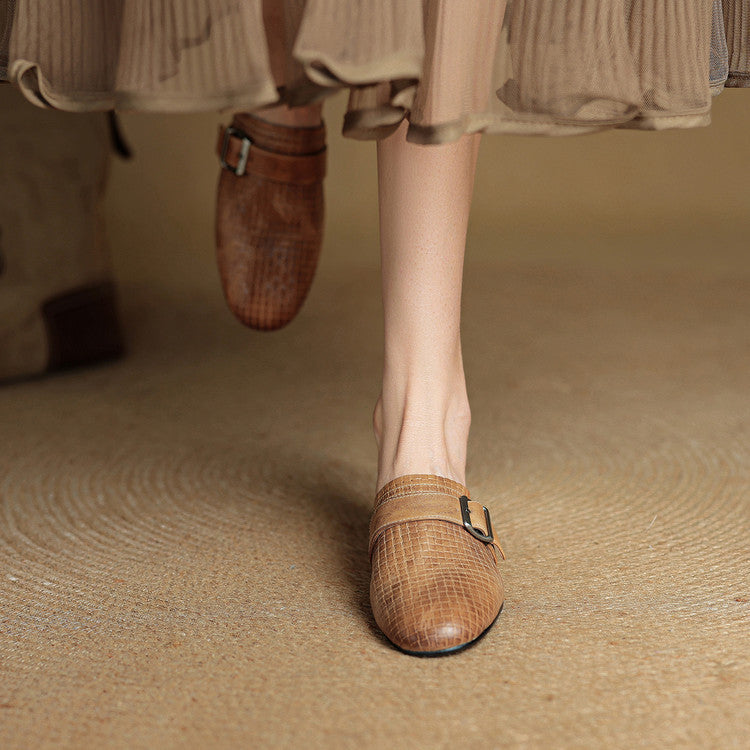 Croc Print Square Toe Buckle Flat Mules