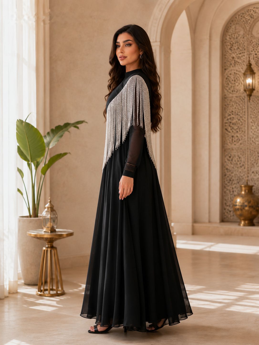 Elegant Tassel Stitching Black Long Sleeved Dress Women Evening Dress Large Swing Dress