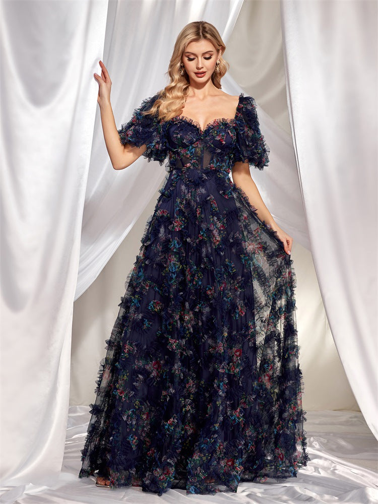 Floral Off Shoulder Puff Sleeve Tiered Tulle A-Line Maxi Gown