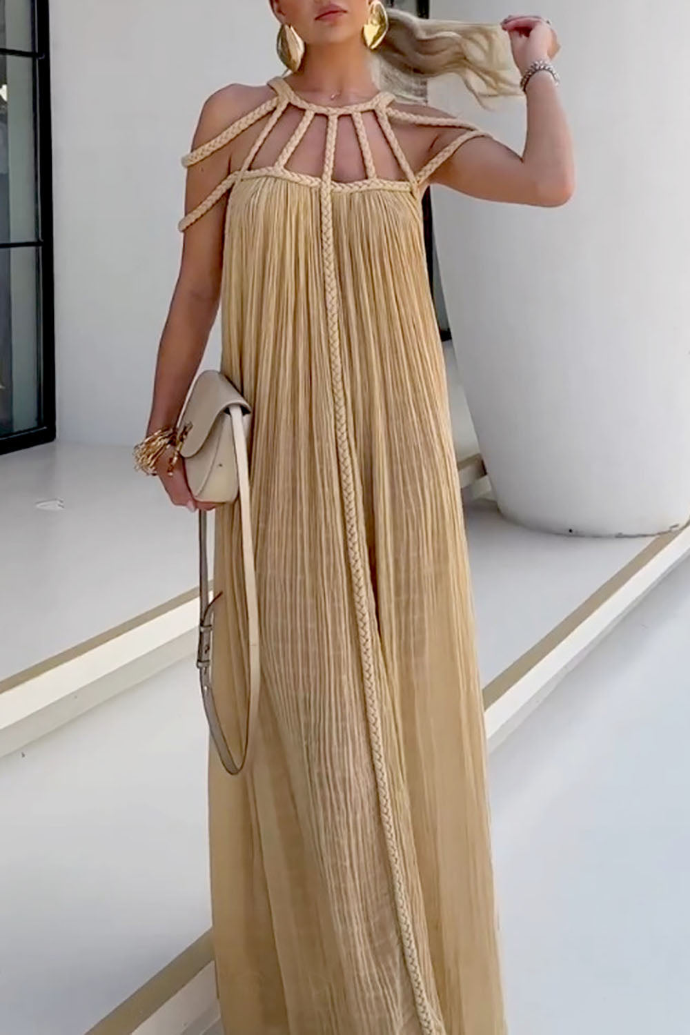 Drawstring Straps Shoulder Mesh Maxi Dress