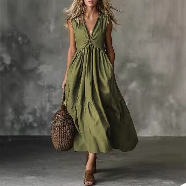 Deep V-Neck Sleeveless Twist Front Tiered Maxi Dress 2