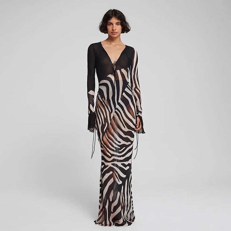 Zebra Print Sheer Mesh V-Neck Tie Front Flare Sleeve Maxi Dress