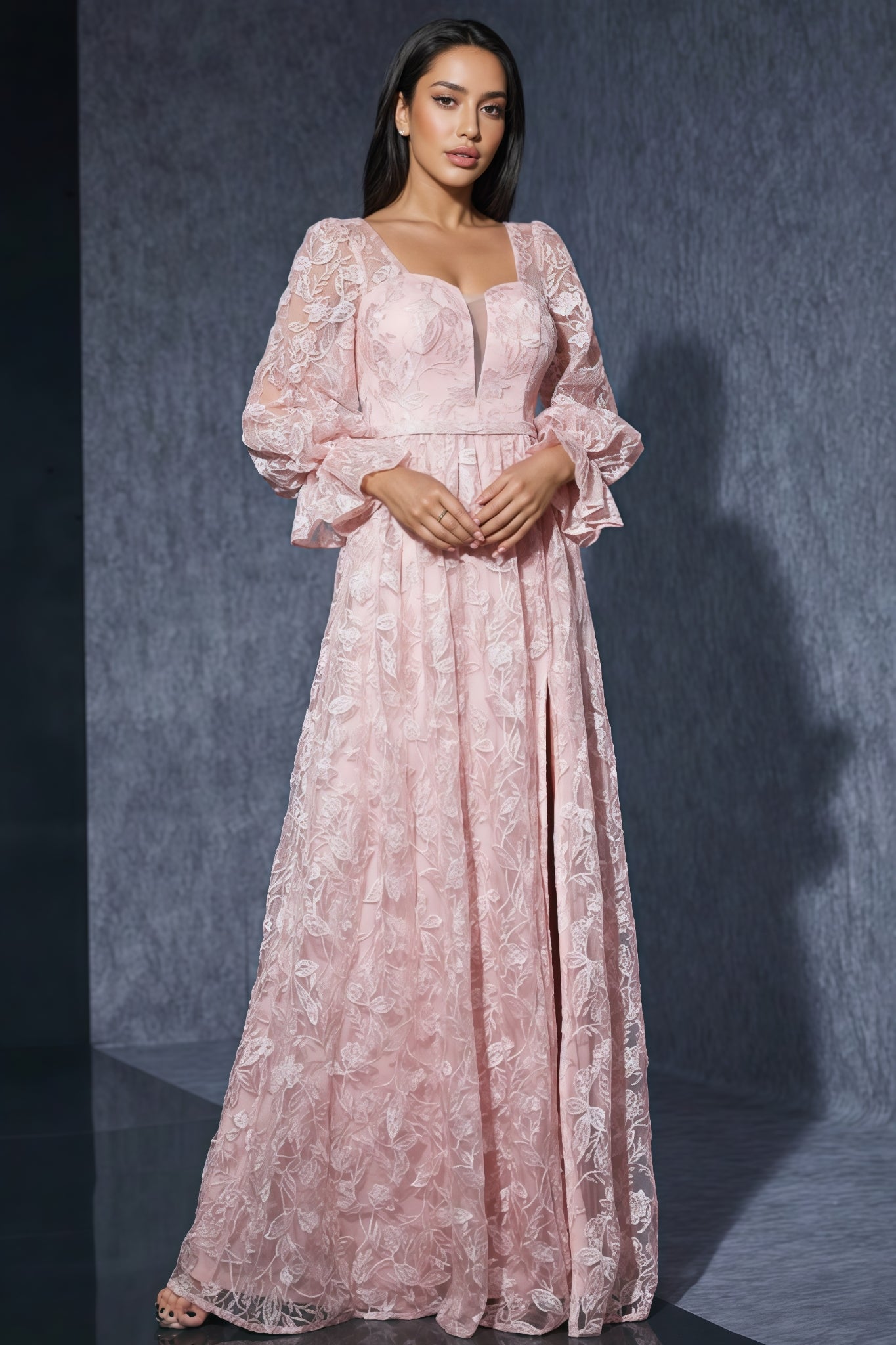 Zaria Pink Lace High Slit Maxi Dress - View 3