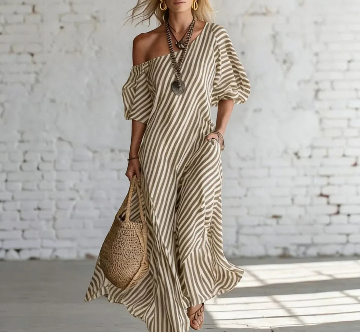 Striped One Shoulder Half Sleeve Loose Maxi Dress