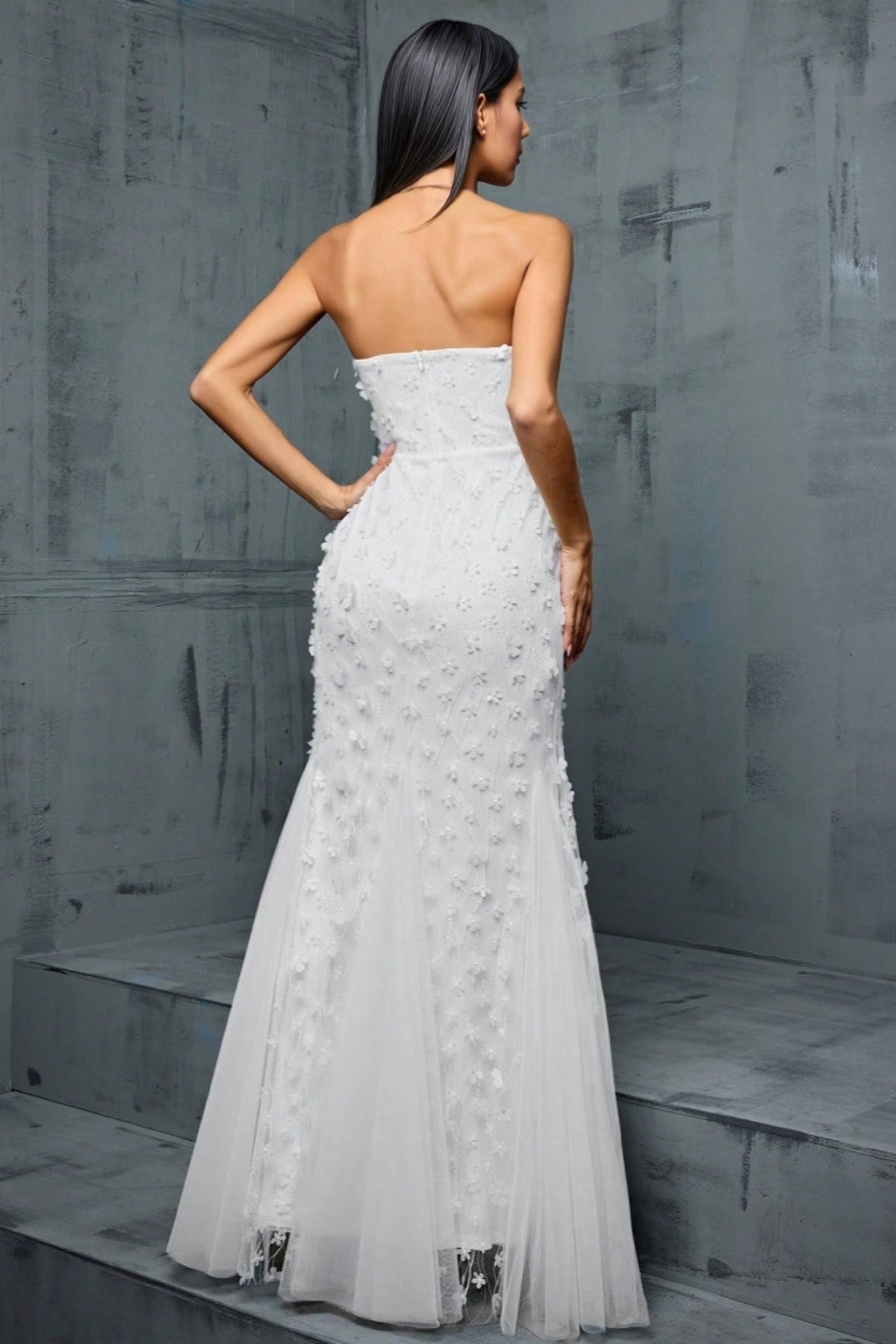 Strapless Plunge Mesh Insert 3D Floral Applique Tulle Mermaid Maxi Gown 5
