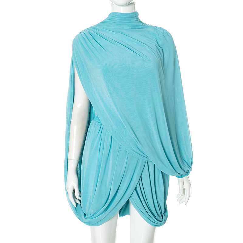 Chiffon One Shoulder Cape Drape Pleated Skirt Mini Dress 6