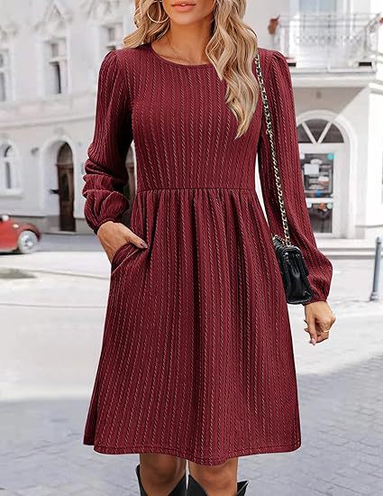 Cable Knit Crew Neck Long Sleeve Pocket A-Line Mini Dress 4