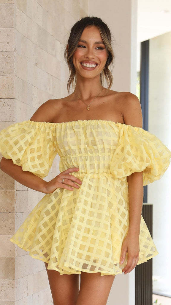 Diana Boutique Mini Dress with Puff Sleeves and a Checked Pattern Chic Silhouette Collection