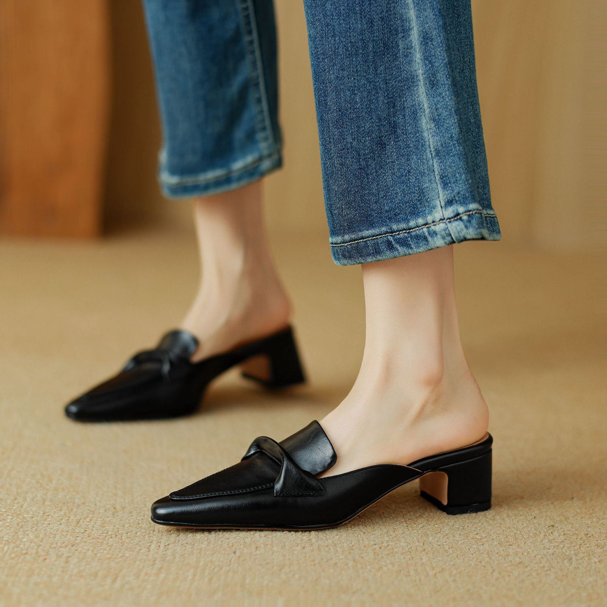 Square Toe Block Heel Loafer Mules