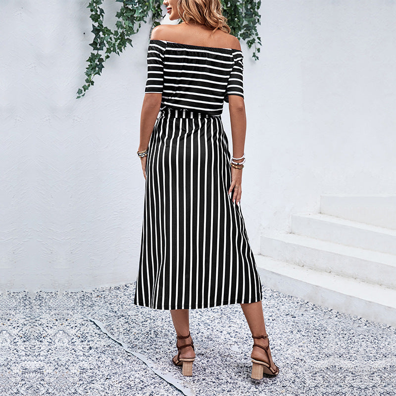 Women off Shoulder Striped Summer Dress