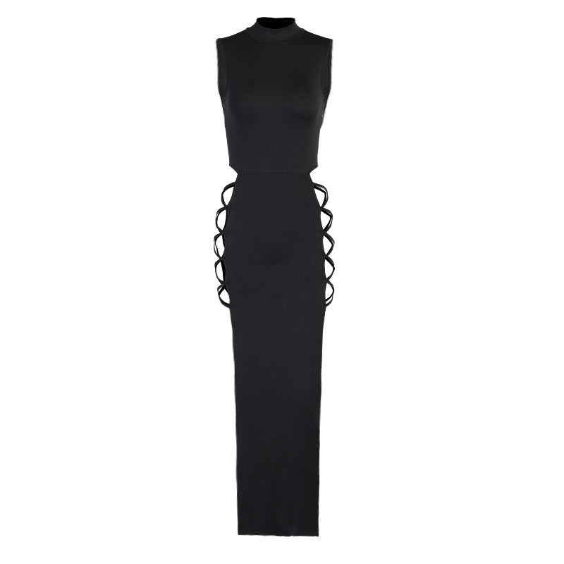Bandage Mock Neck Side Lace Up Cut Out Bodycon Mini Dress