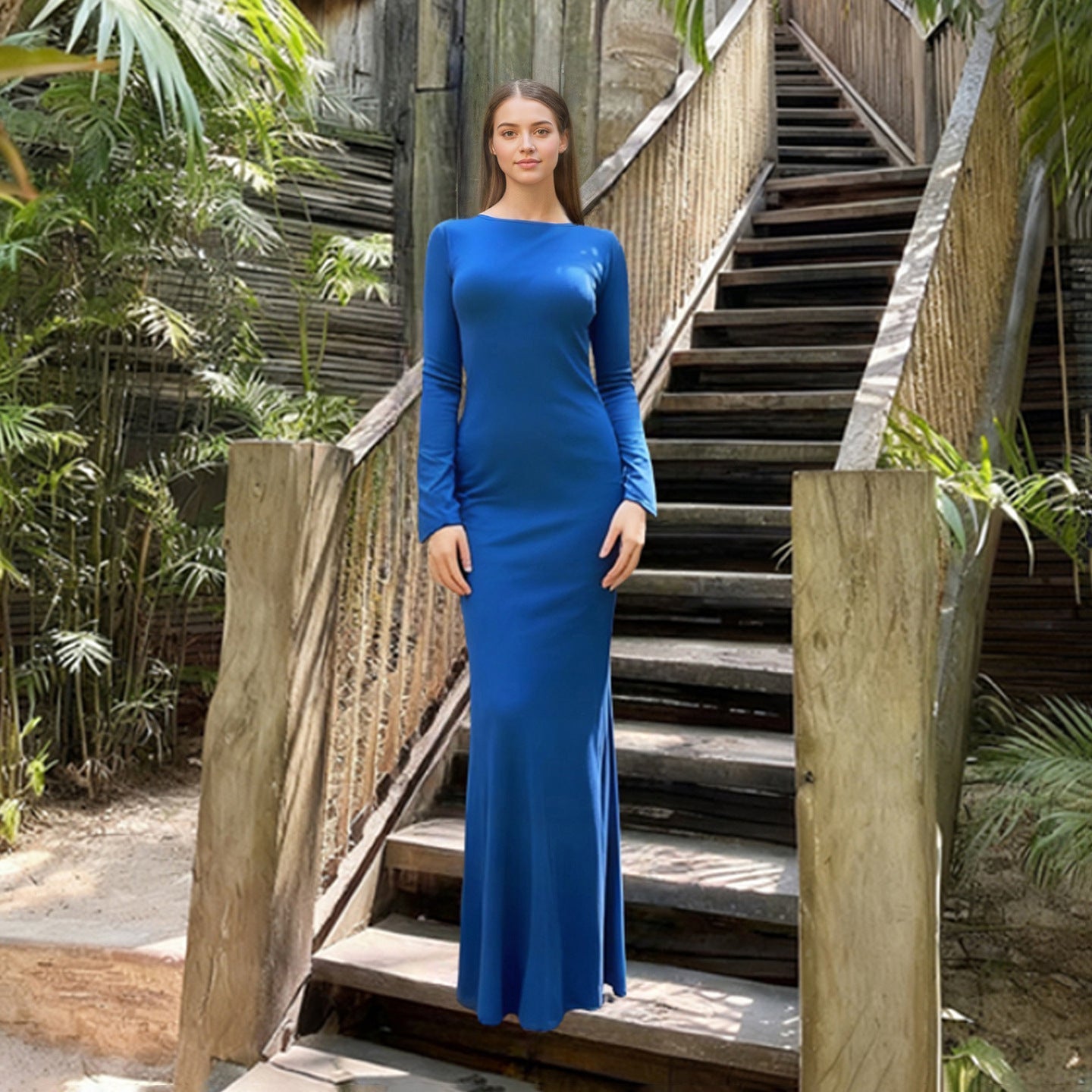 Lace up Stitched Backless Sexy Long Sleeved Dress Women Vacation Graceful Pure Maxi Dress