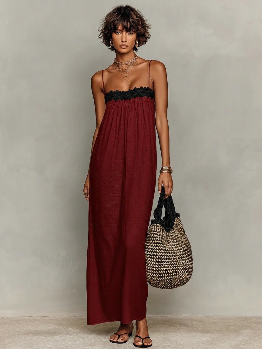 Lace Trim Spaghetti Strap Gathered Bust Straight Maxi Dress 7