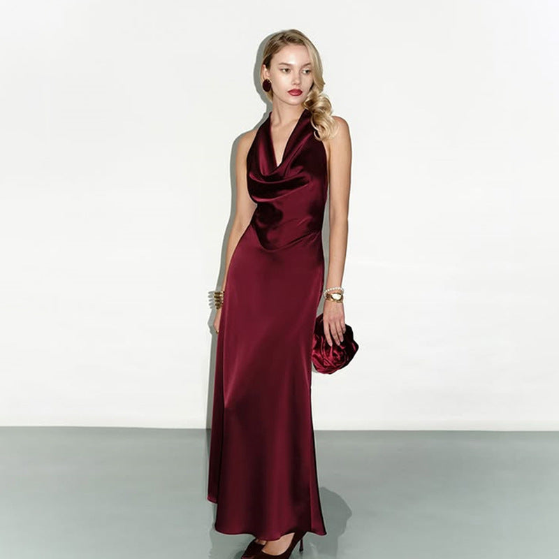 Satin Cowl Neck Halter Backless Bias Cut Maxi Dress