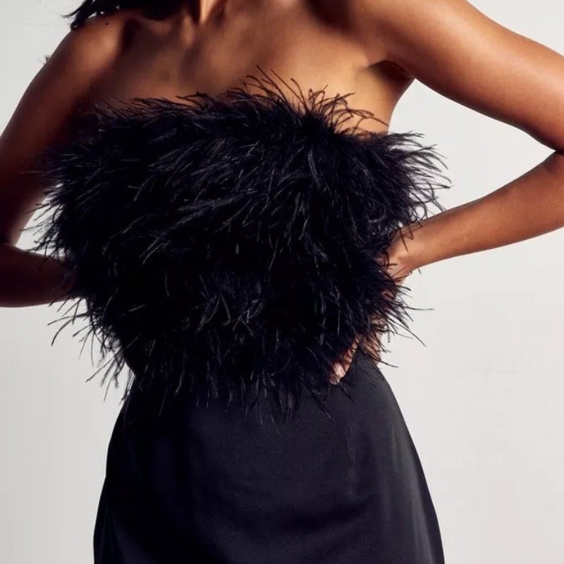 Autumn Winter Backless Feather Tube Top Irregular Dress - View 2