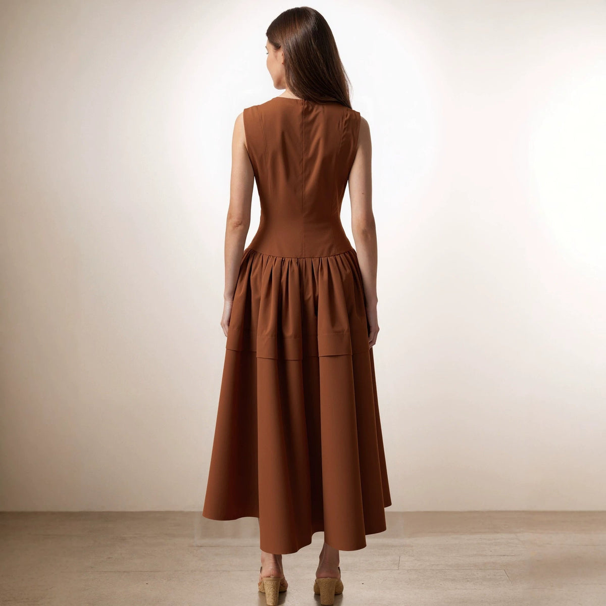 Sleeveless Round Neck Zip Front Pleated Tiered Maxi Dress 2