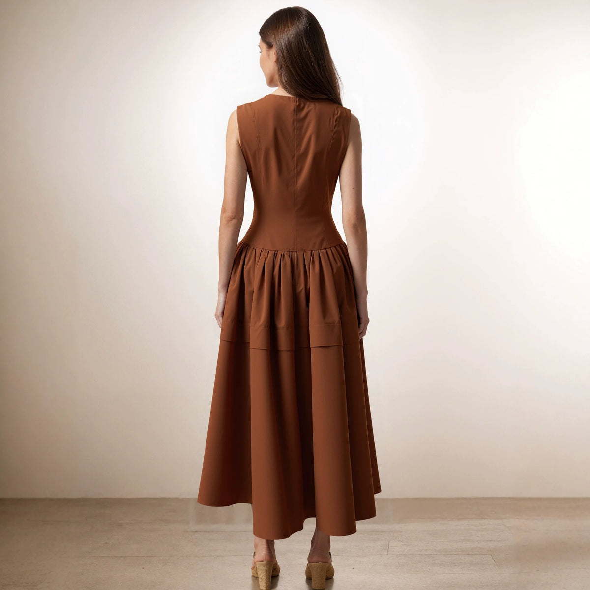 Brown Sleeveless round Neck Front Zipper Design High Waist Big Swing Layered Dress Vacation